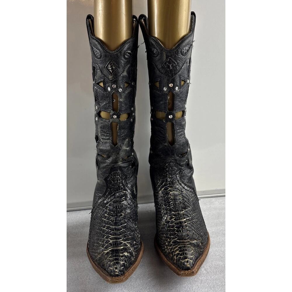 Corral Vintage Boots Womens 6 M Black / Grey Python w Cross Trim Cutouts C2131
